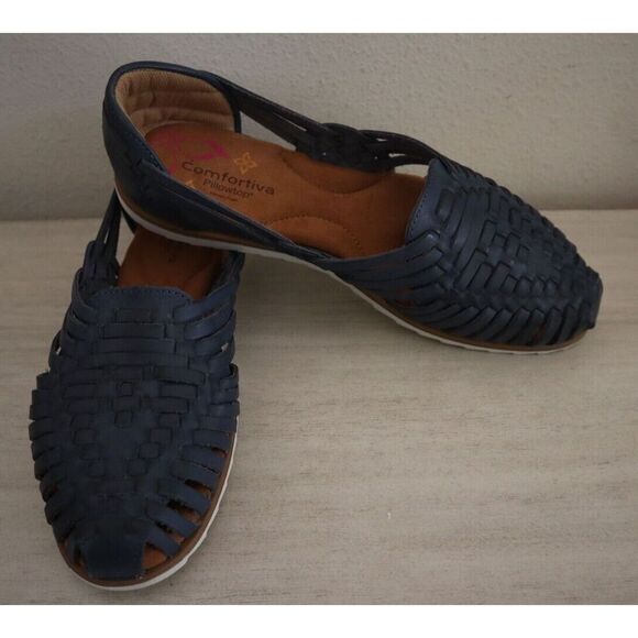 Comfortiva Women's Sz 9M Navy Rainer Leather Woven Huarache Slip-On Sandals - Picture 2 of 10